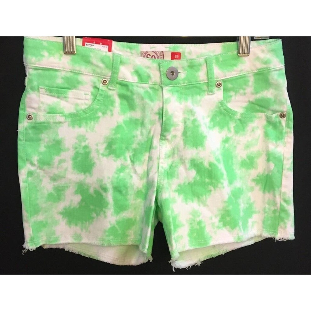 NEW Girls SO Green White Tie Dye Adjustable Waist Denim Shorts with Stretch 16
